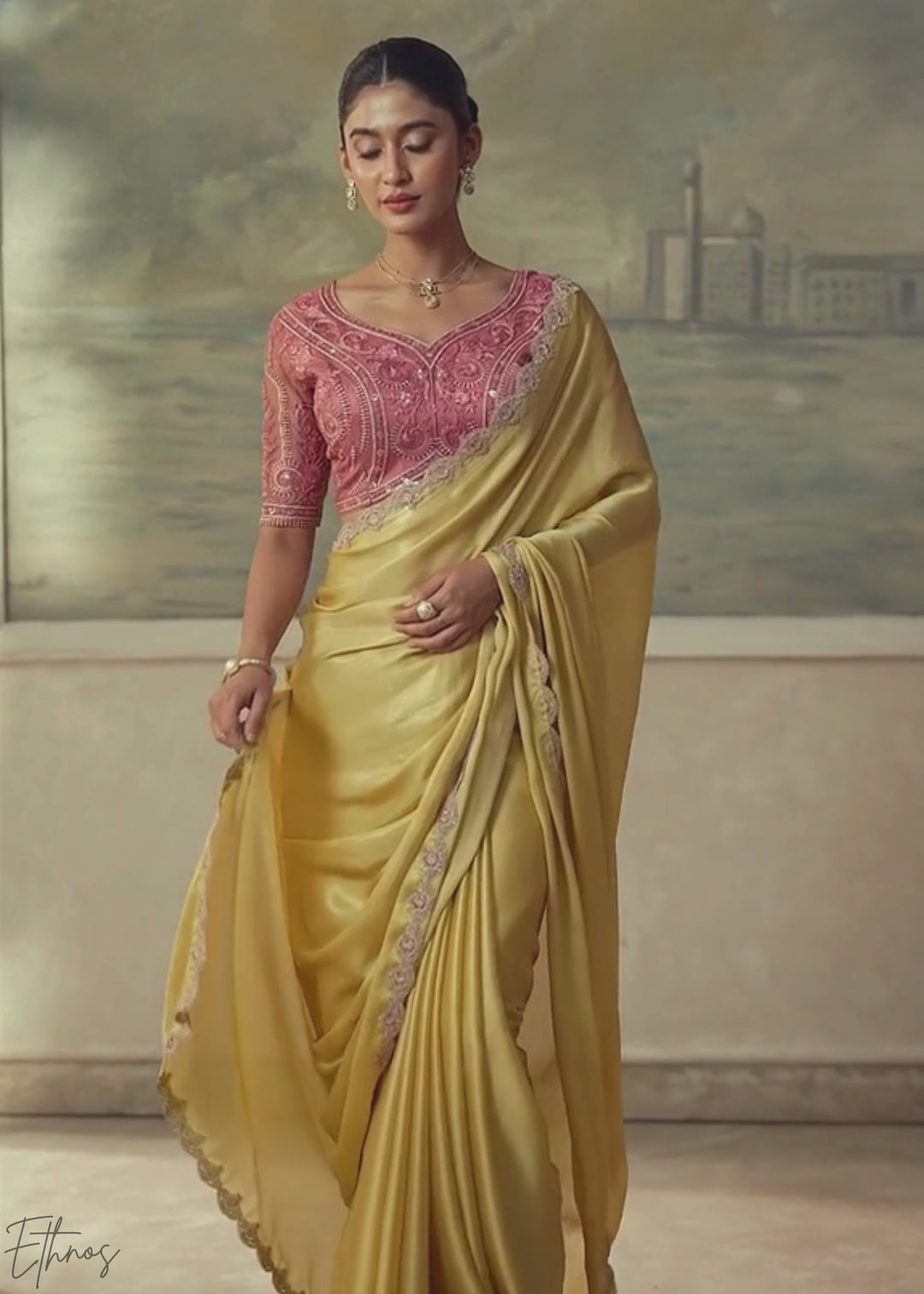Soft Mustard Ruffle Border Chiffon Saree
