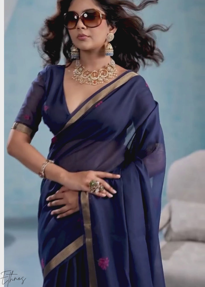 Sapphire Blue Rose Jamdani Munga Cotton Saree
