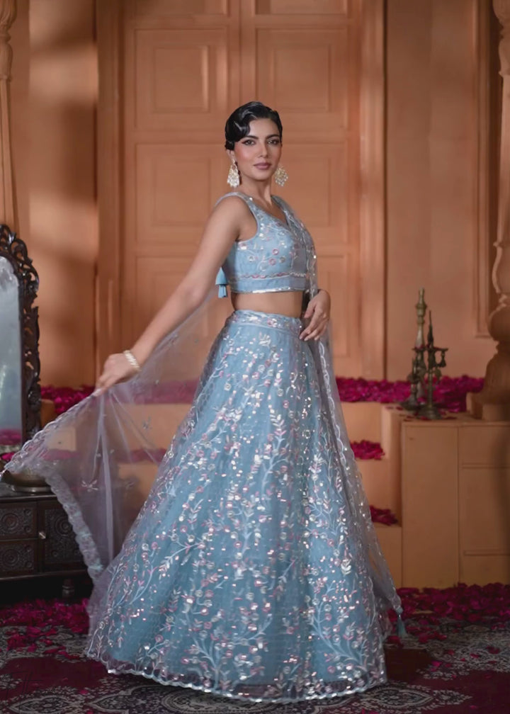 Charcoal Grey Pastel Floral Sequins Embroidered Net Lehenga Choli