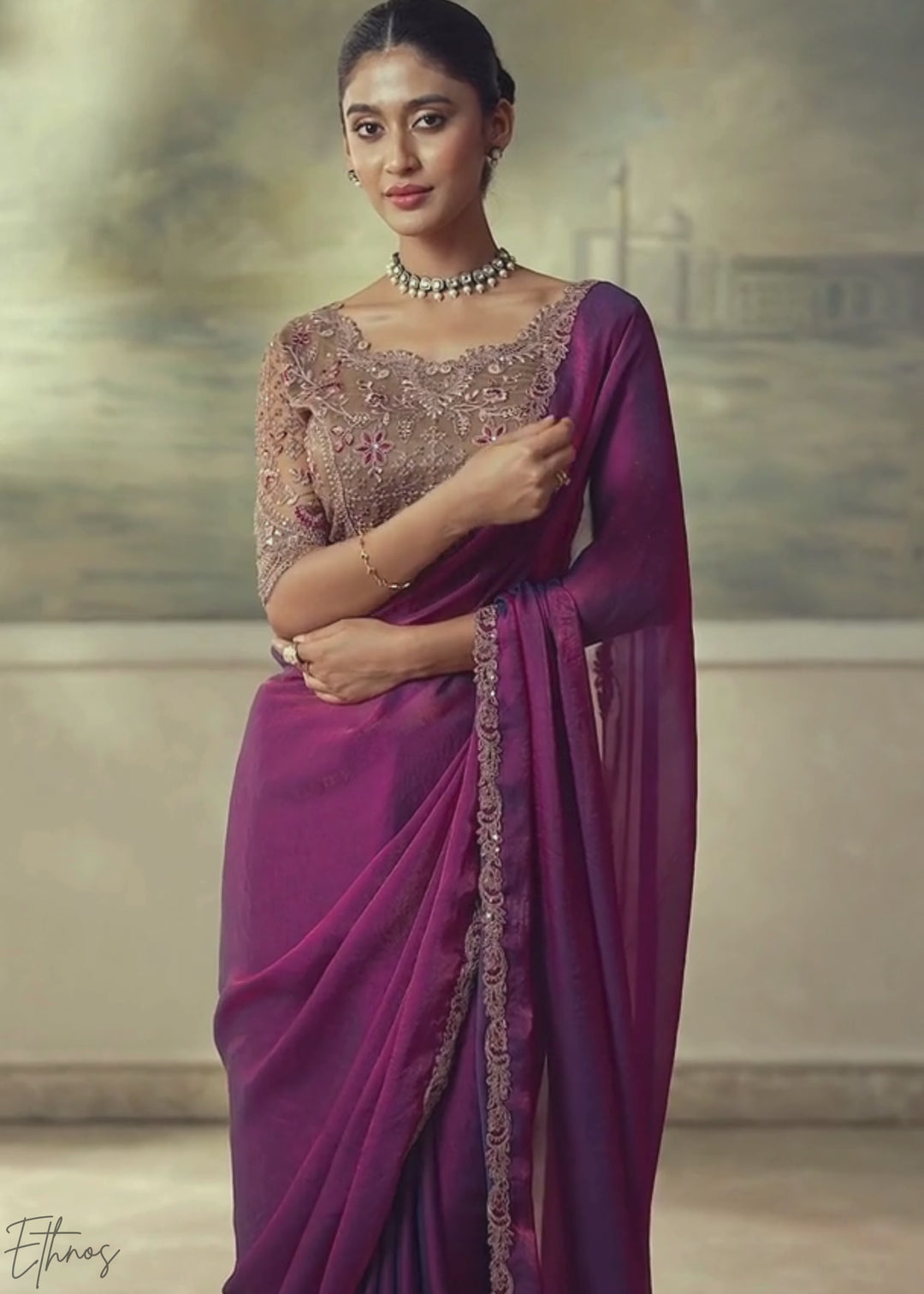 Deep Wine Ruffle Border  Satin Silk Saree
