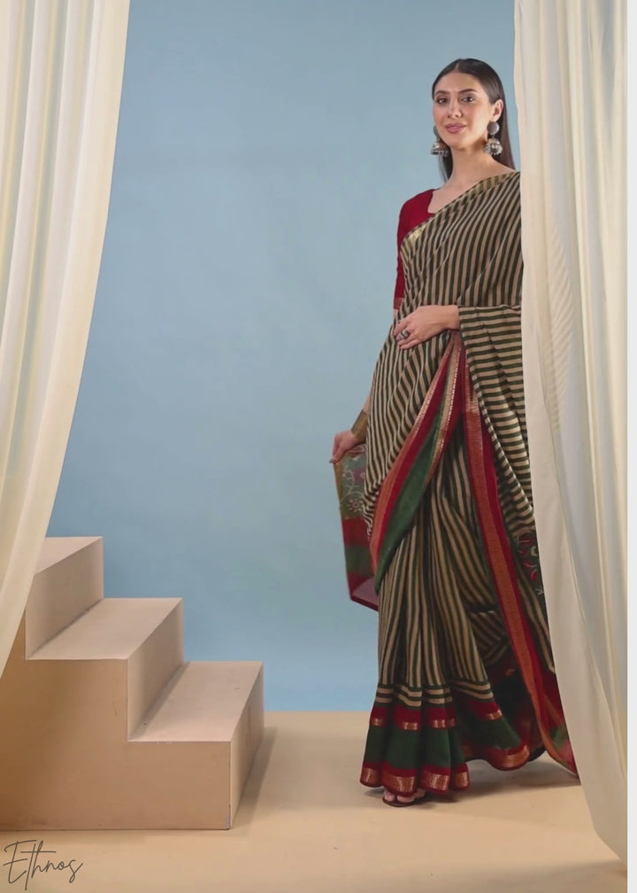 Tourmaline Striped Ajrakh PV Cotton Saree