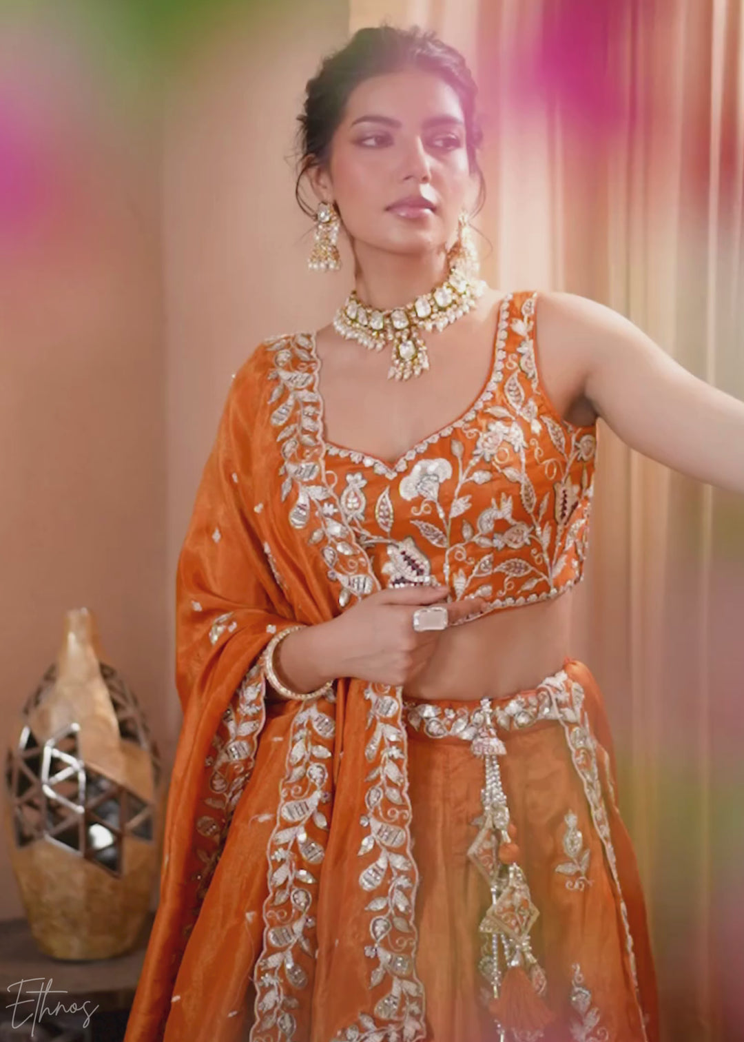 Tangerine Orange Floral Zari Embroidered Tissue Lehenga Choli