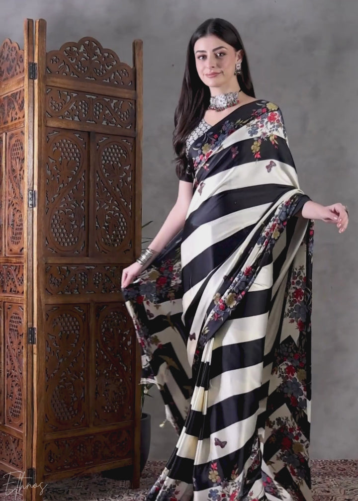 Onyx Black Floral Striped Modal Silk Saree