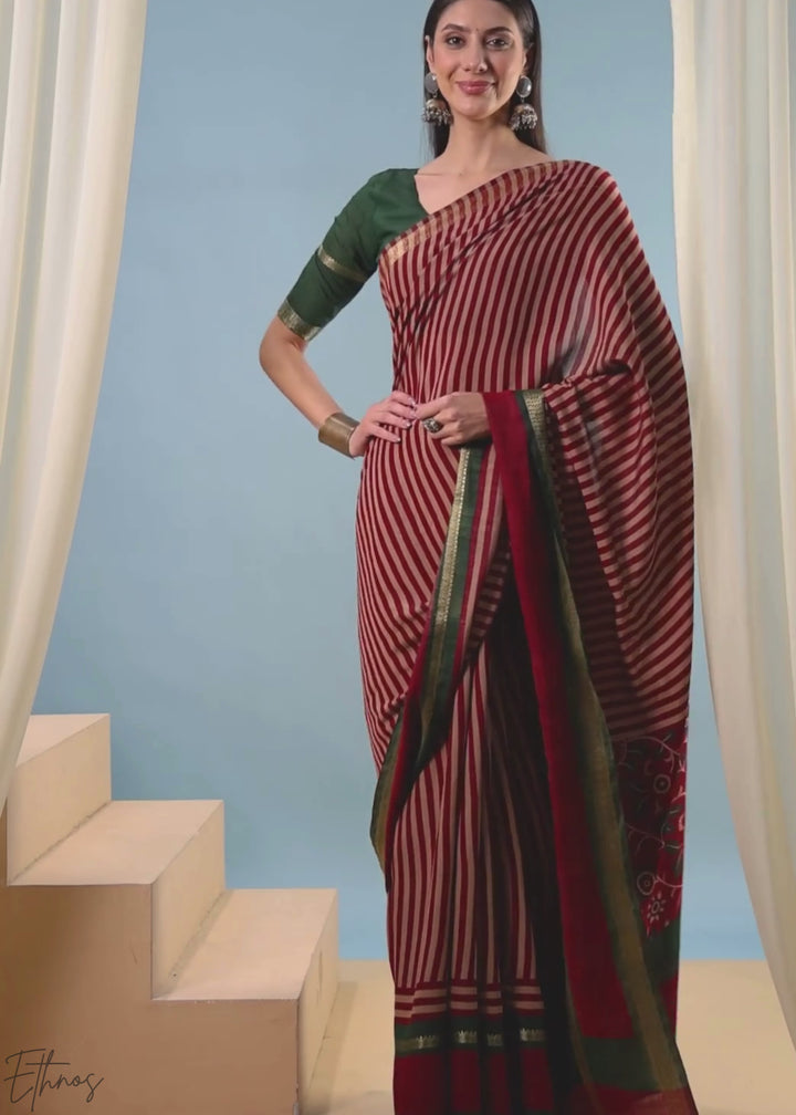 Jasper Red Striped Ajrakh PV Cotton Saree