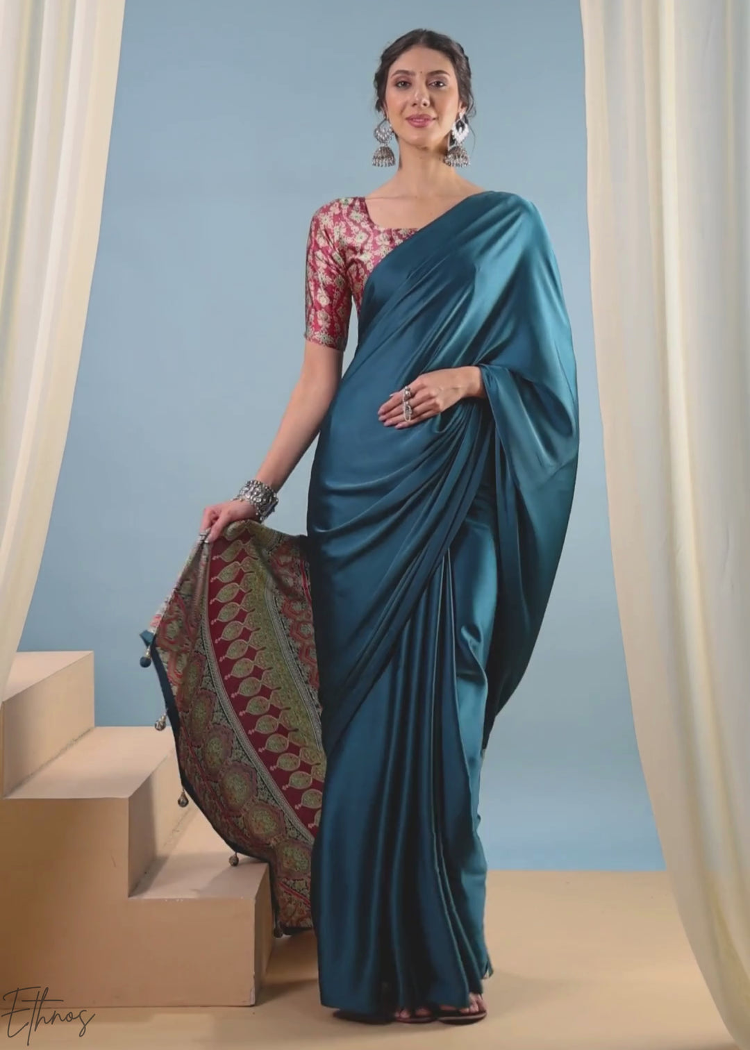 Teal Tourmaline Modal Silk Ajrakh Border Saree