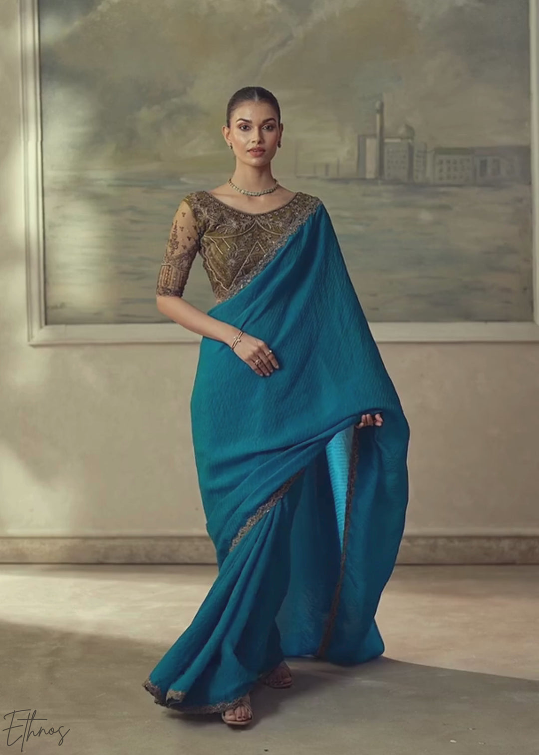 Teal Blue Ruffle Border Georgette Saree