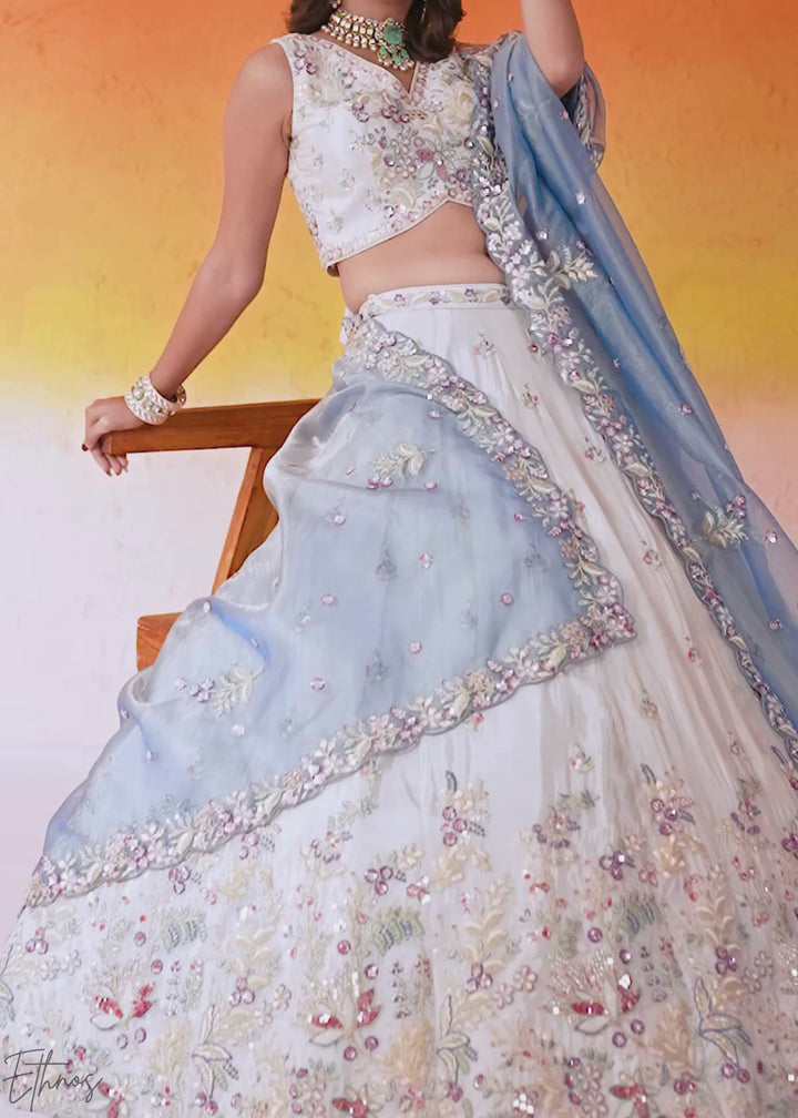 Ivory White and Blue Peacock Embroidered Tissue Lehenga