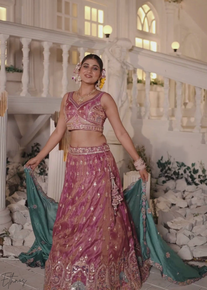 Rose Gold and Sky Blue Peacock Embroidered Tissue Lehenga Choli