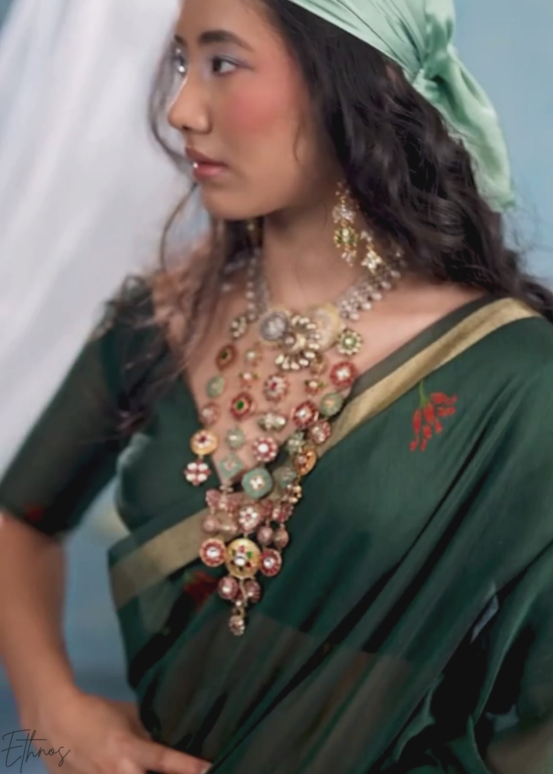 Emerald Green Rose Jamdani Munga Cotton Saree