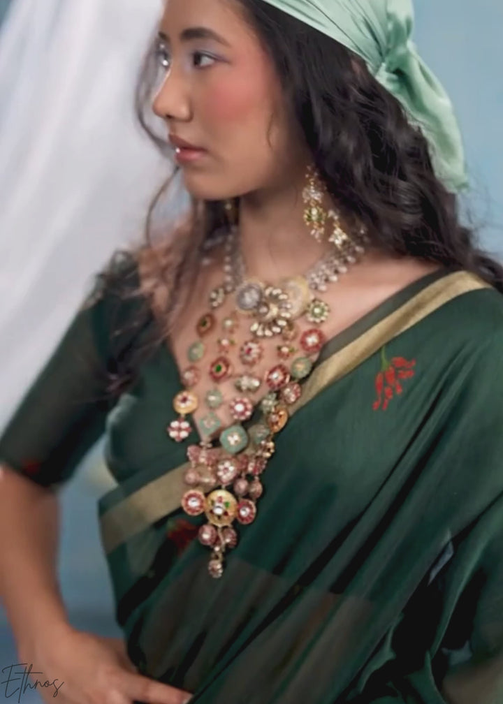 Emerald Green Rose Jamdani Munga Cotton Saree