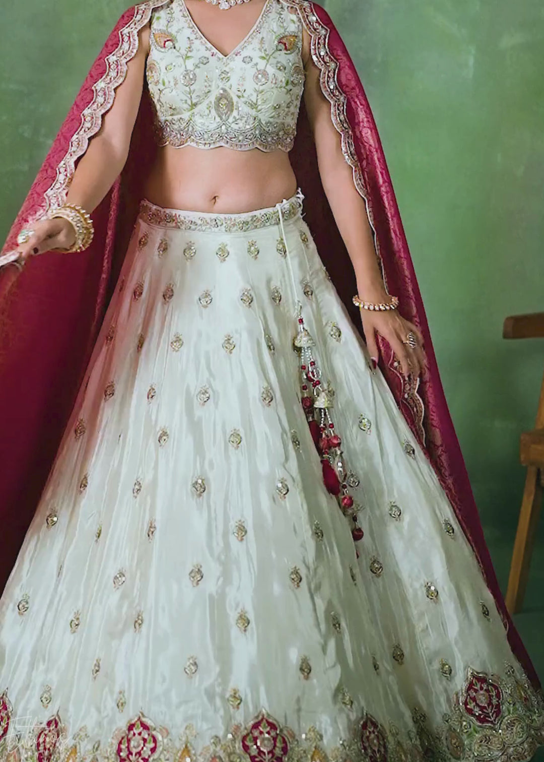 Ivory and Pink Floral Sequins Tissue Lehenga Choli