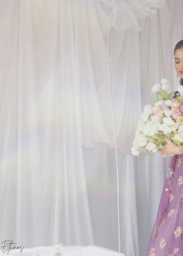 Orchid Lavender Gilded Bouquet Organza Lehenga