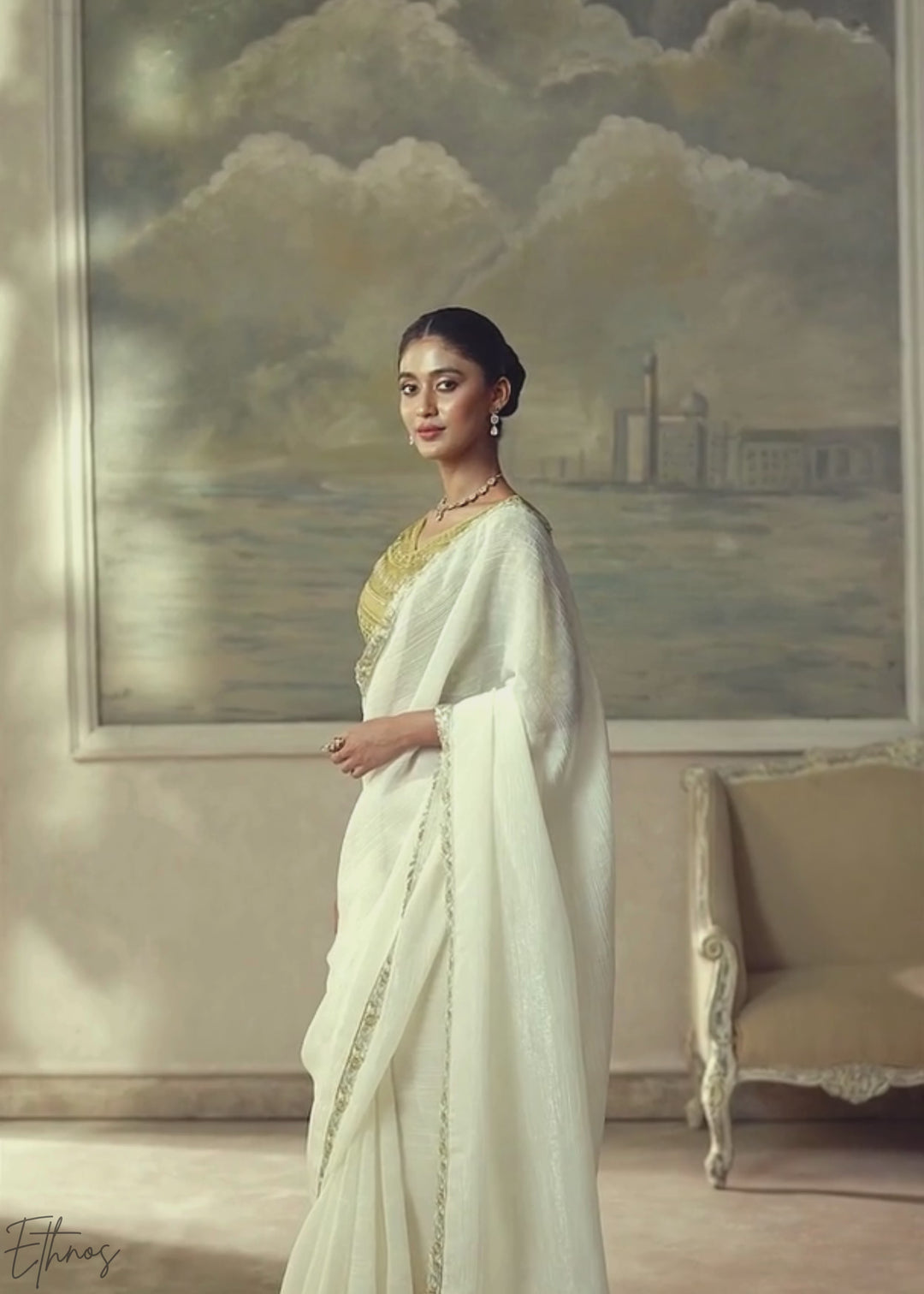 Off White Ruffle Border Chiffon Saree