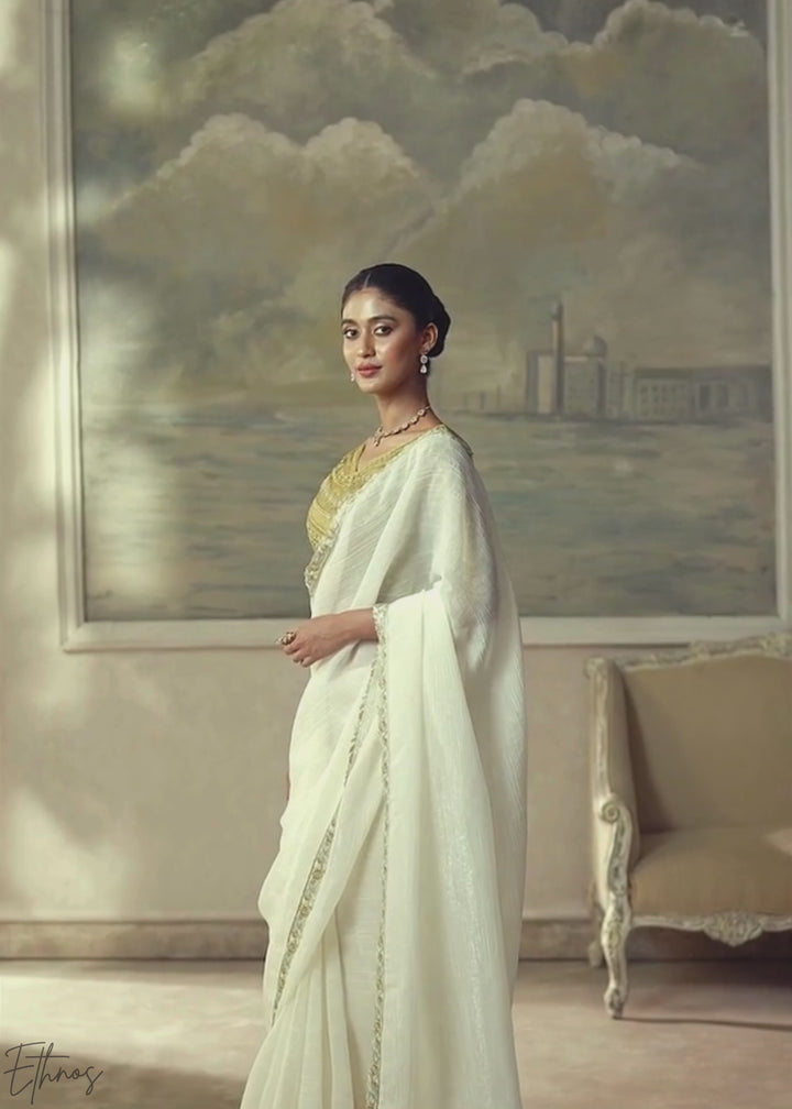 Off White Ruffle Border Chiffon Saree