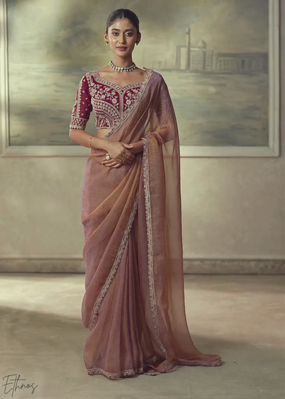Taupe Beige Ruffle Border Chiffon Saree