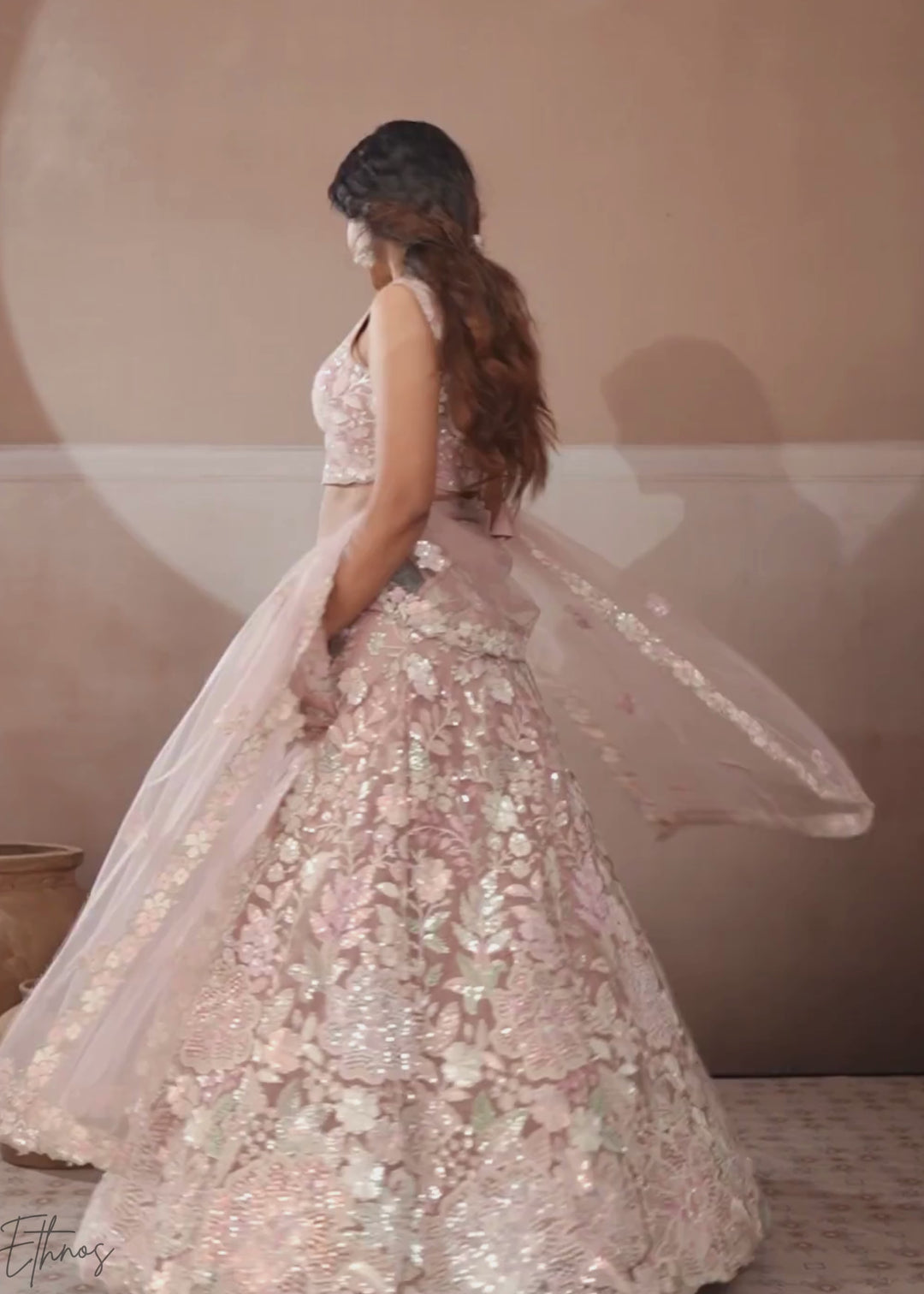 Baby Pink Pastel Floral Embroidered Net Lehenga