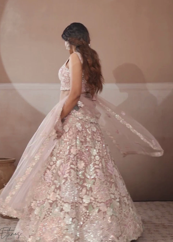 Baby Pink Pastel Floral Embroidered Net Lehenga