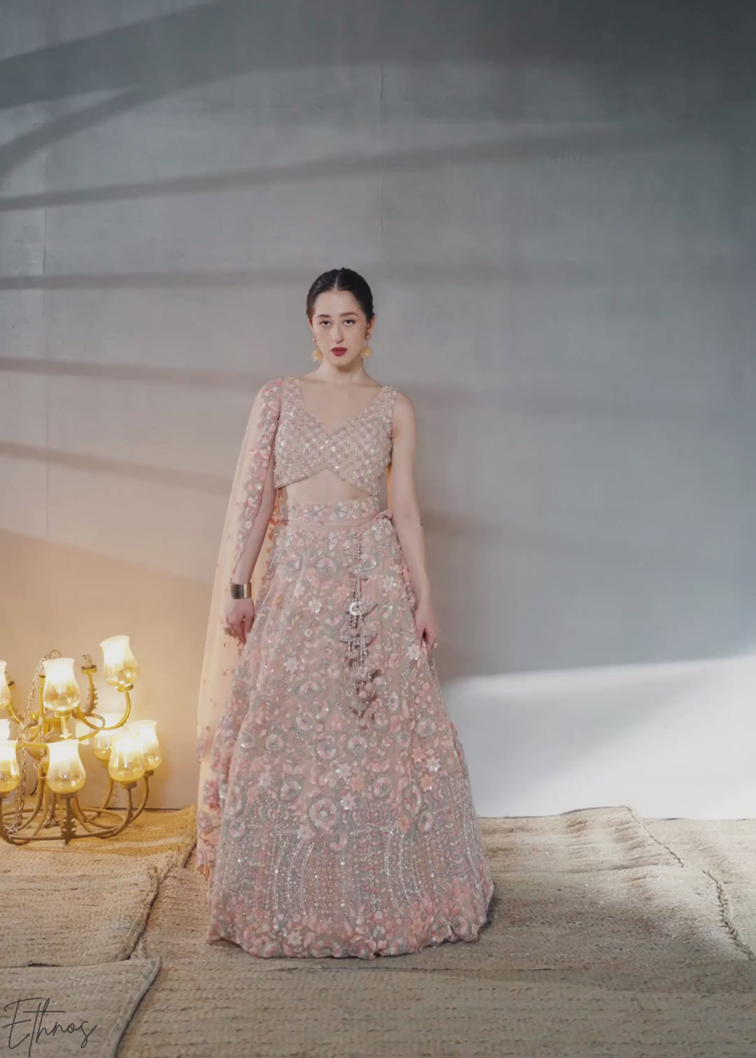 Sunset Amber Gilded Bouquet Net Lehenga