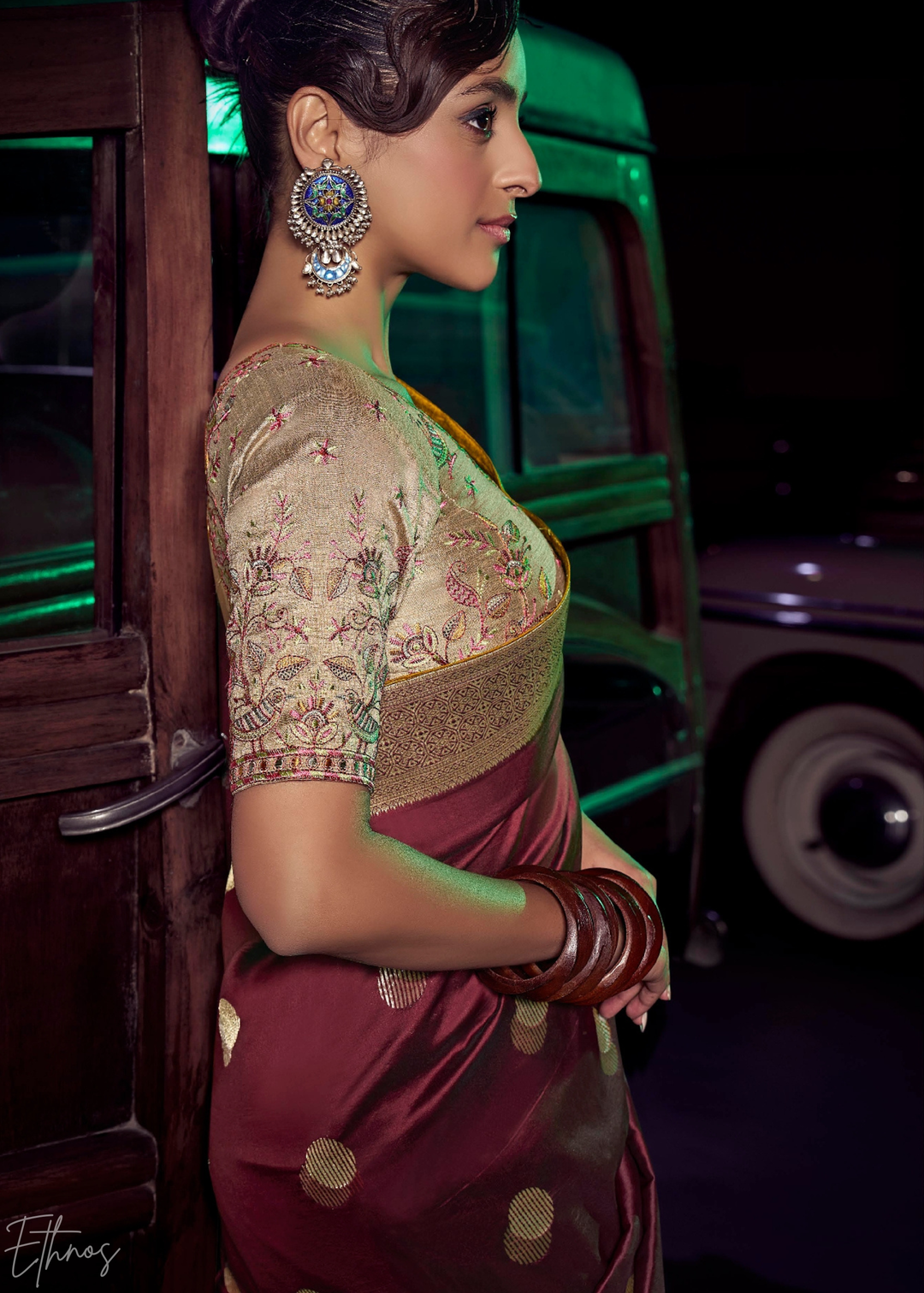 Deep Maroon Floral Wave Silk Saree