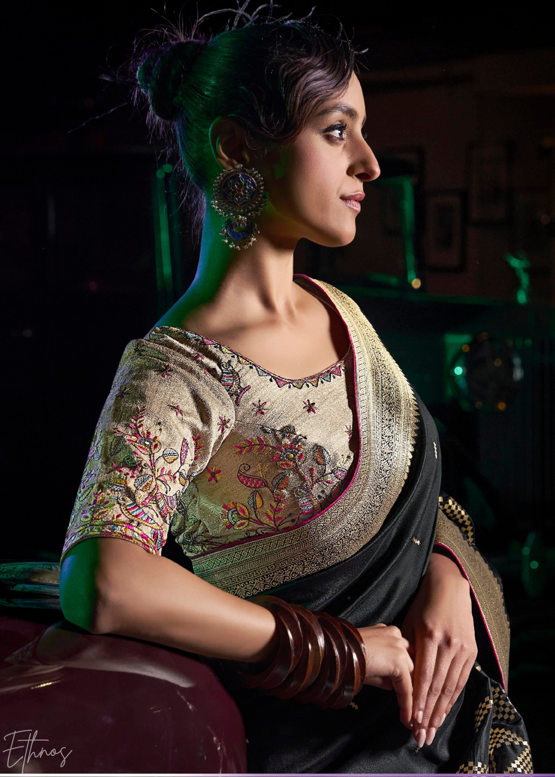 Obsidian Black Chevron Wave Silk Saree