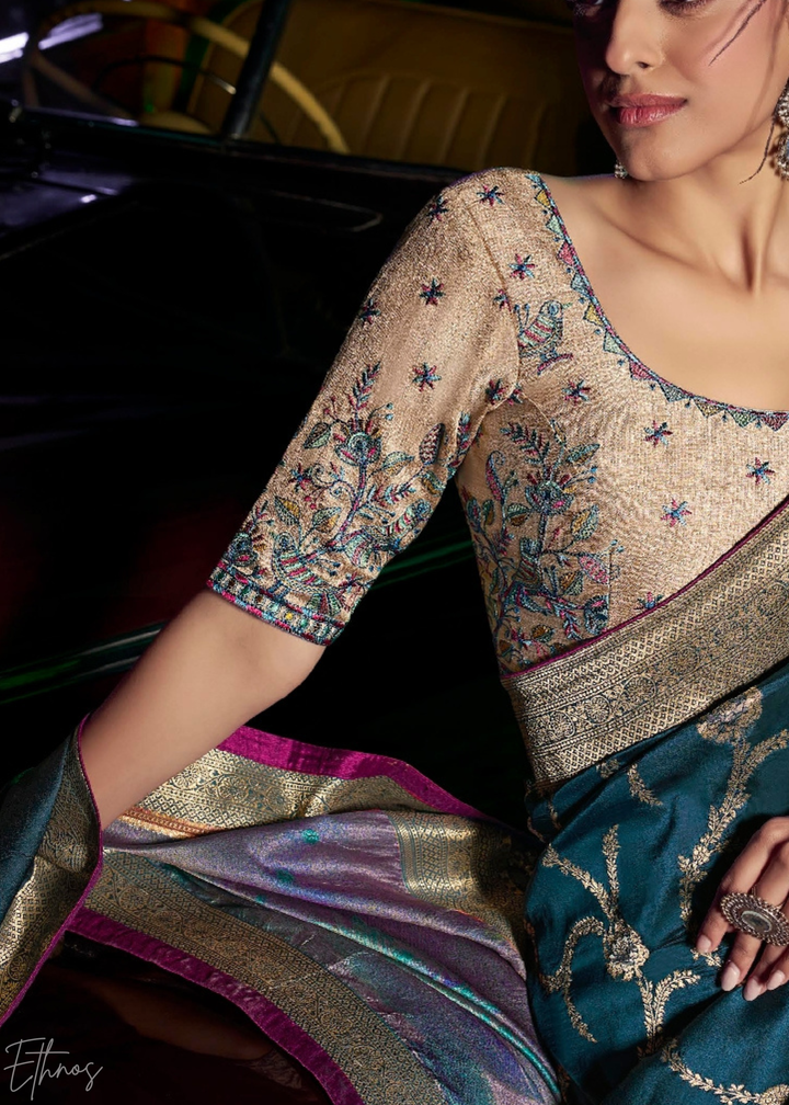 Teal Blue Jacquard Wave Silk Saree