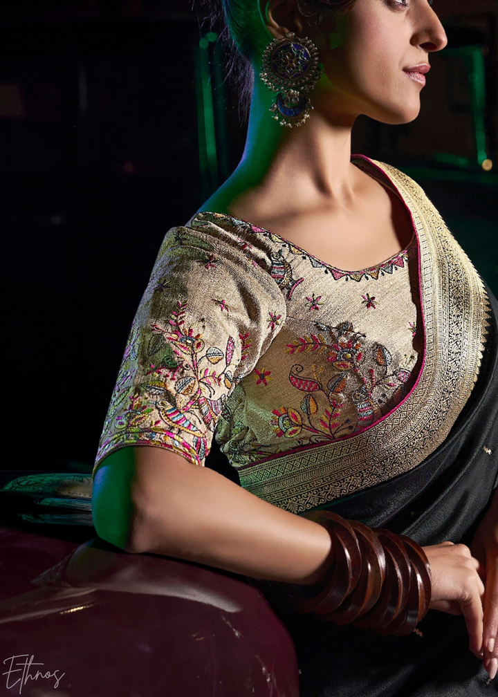 Obsidian Black Chevron Wave Silk Saree