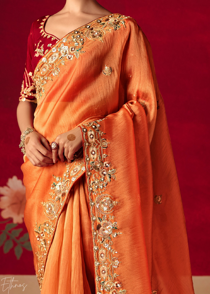 Coral Orange Floral Sequin Embroidered Organza Tissue Saree