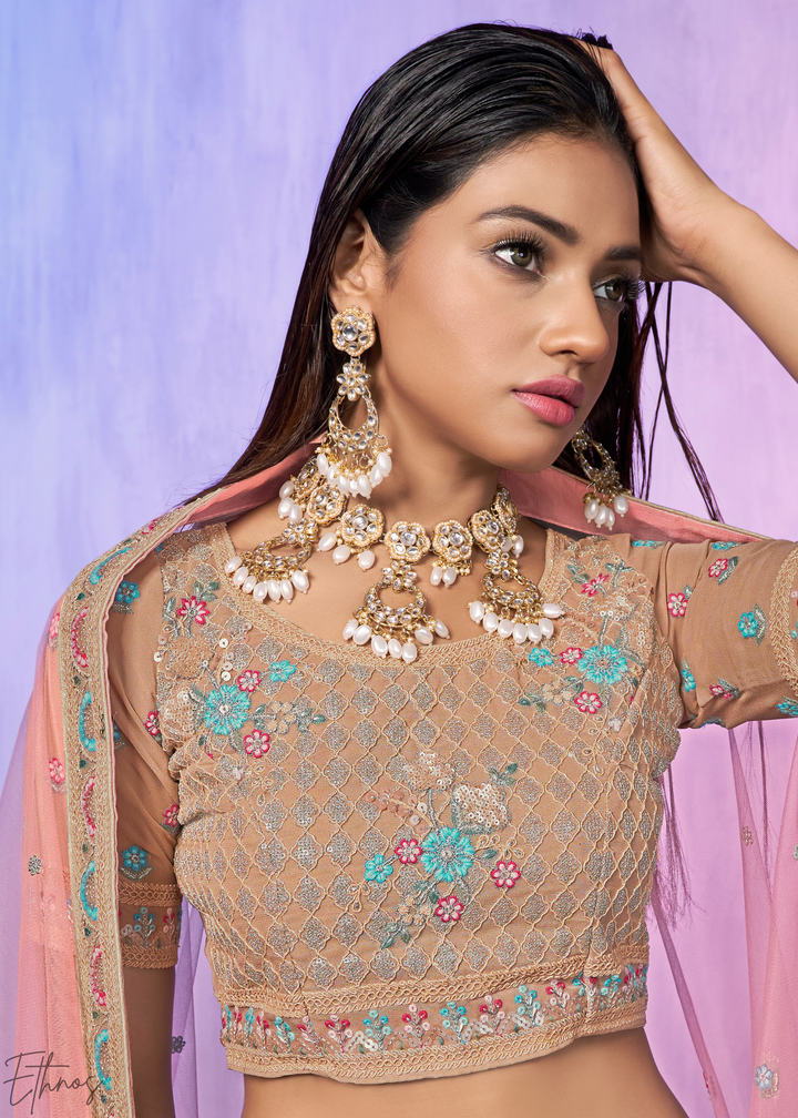 Beige & Pink Floral Embroidered Georgette Lehenga Choli Set