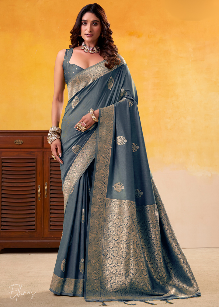 Fossil Grey Brown Tusser Silk Saree
