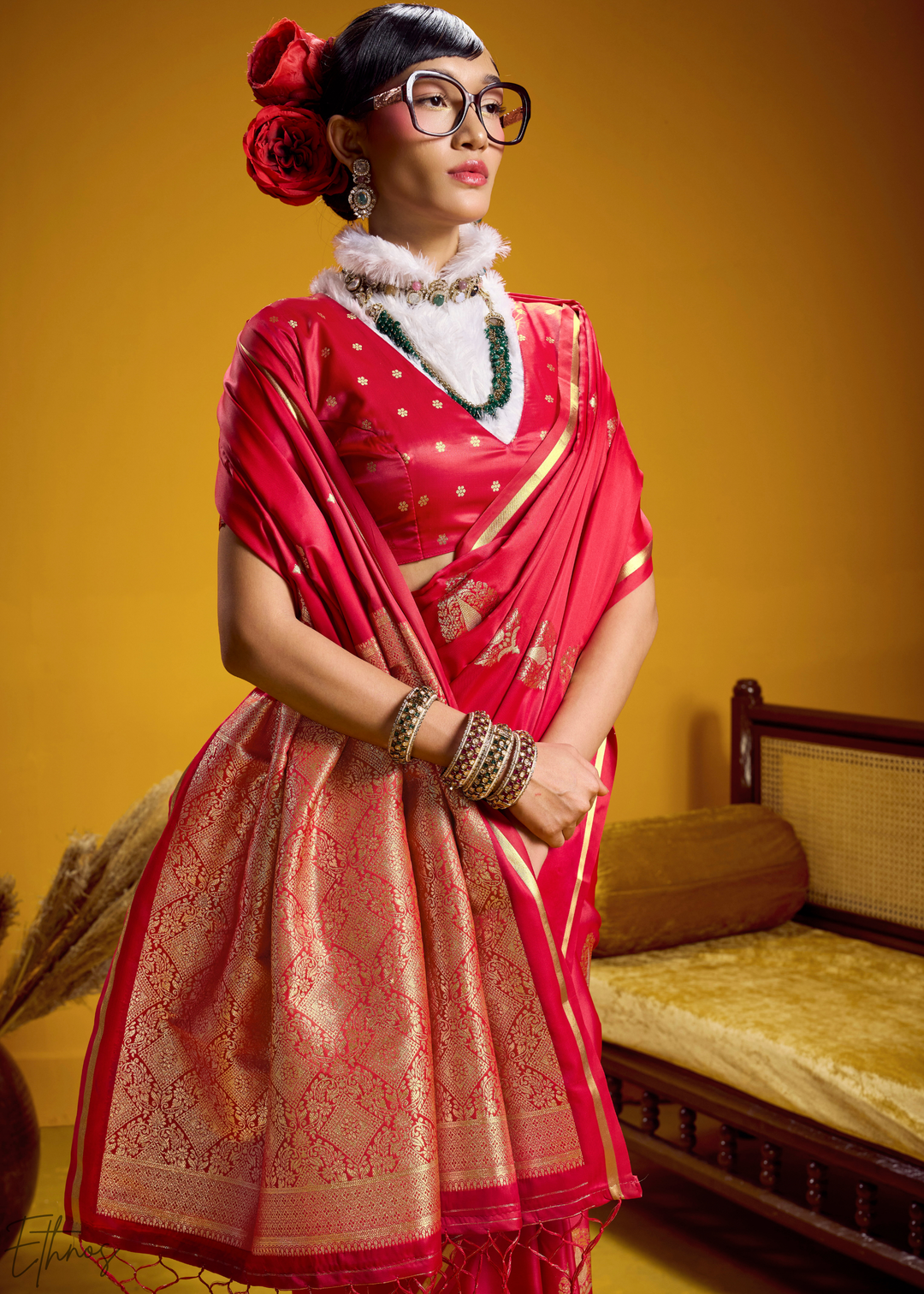 Ruby Red Gold-Infused Jacquard Satin Silk Saree