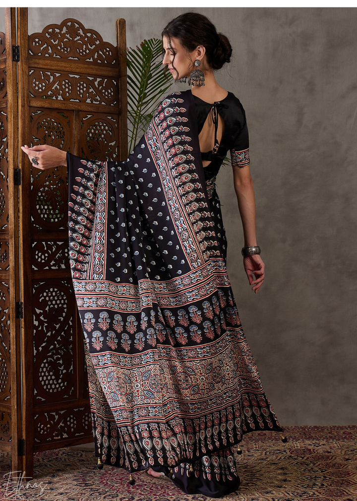Obsidian Black Artisanal Lattice-Print Semi-Modal Silk Saree