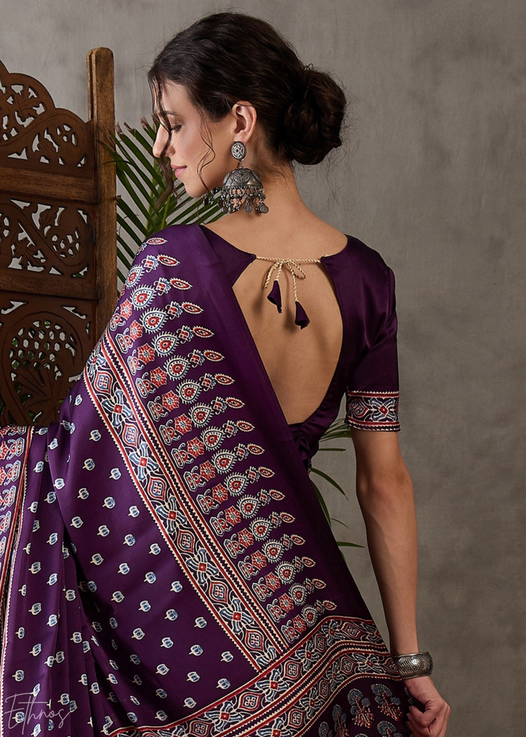 Imperial Plum Ornate Tessellation Semi-Modal Silk Saree