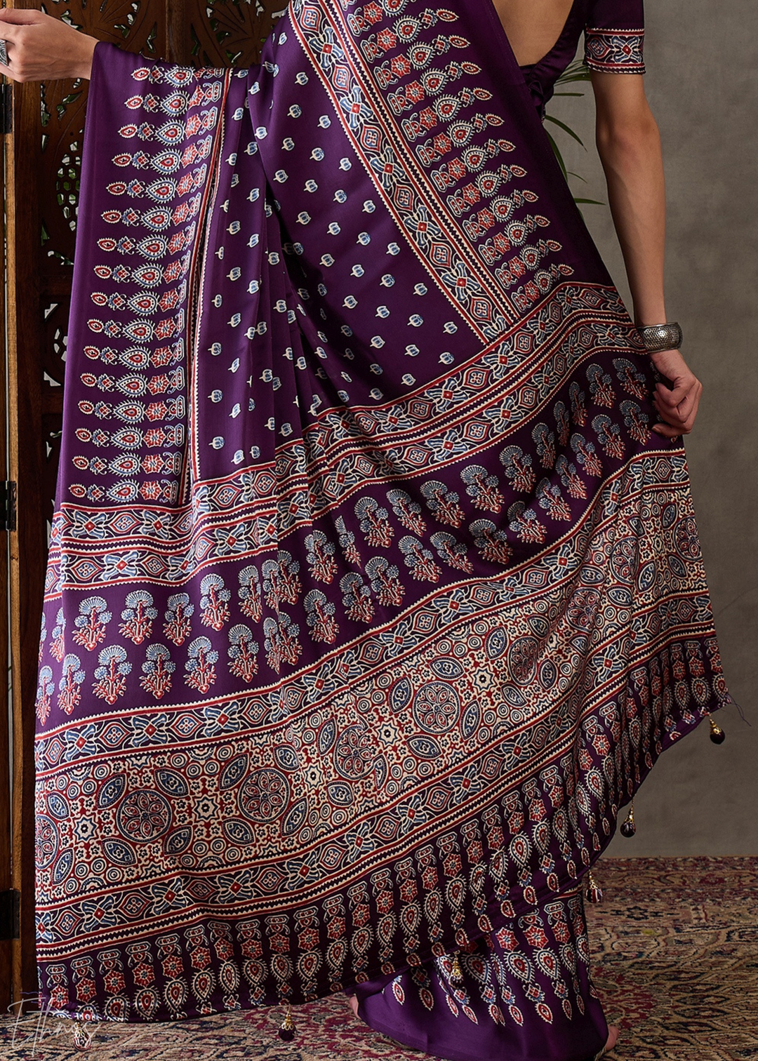 Imperial Plum Ornate Tessellation Semi-Modal Silk Saree