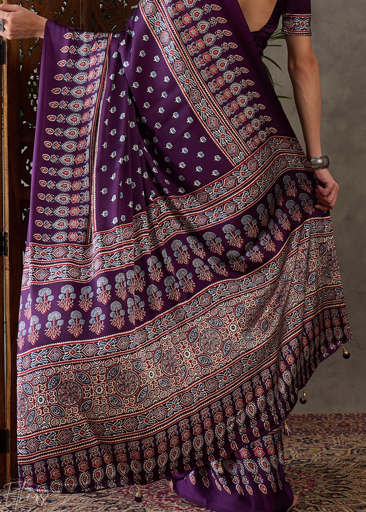 Imperial Plum Ornate Tessellation Semi-Modal Silk Saree