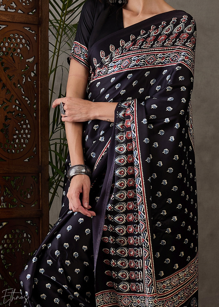 Obsidian Black Artisanal Lattice-Print Semi-Modal Silk Saree