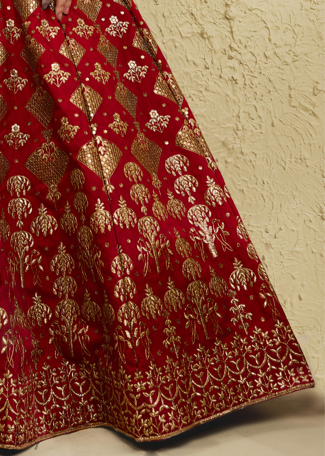 Crimson Persian Paisley Gilded Silk Lehenga