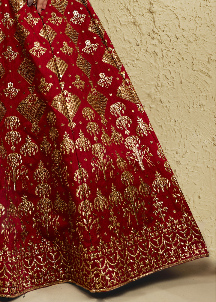 Crimson Persian Paisley Gilded Silk Lehenga