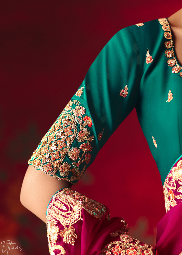 Hot Pink Floral Sequin Embroidered Organza Tissue Saree