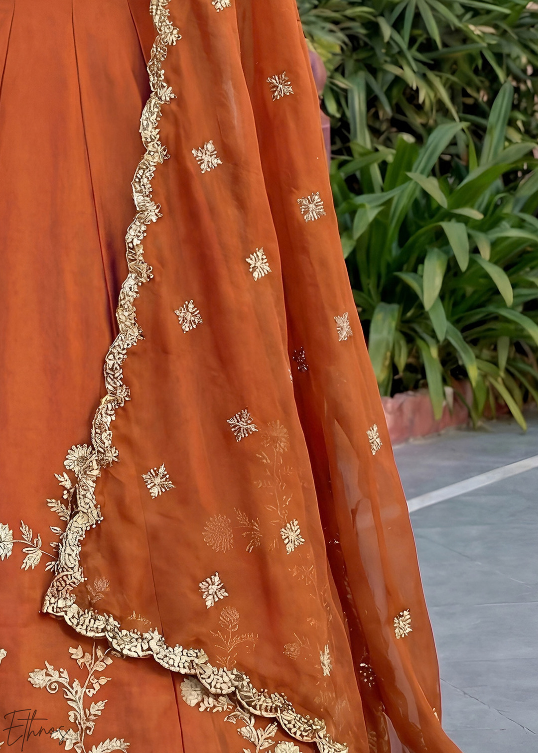 Deep Orange Floret Zari Rangoli Silk Lehenga