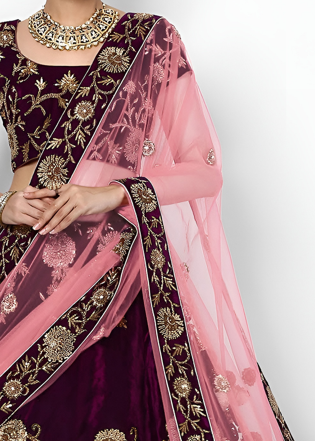 Dark Wine Heavy Floral Embroidered Velvet Lehenga