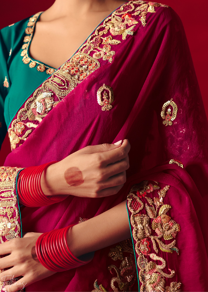 Hot Pink Floral Sequin Embroidered Organza Tissue Saree