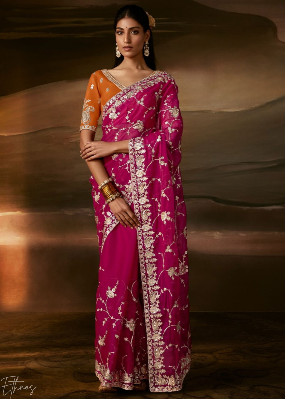 Magenta Cutwork Scallop Border Organza Saree