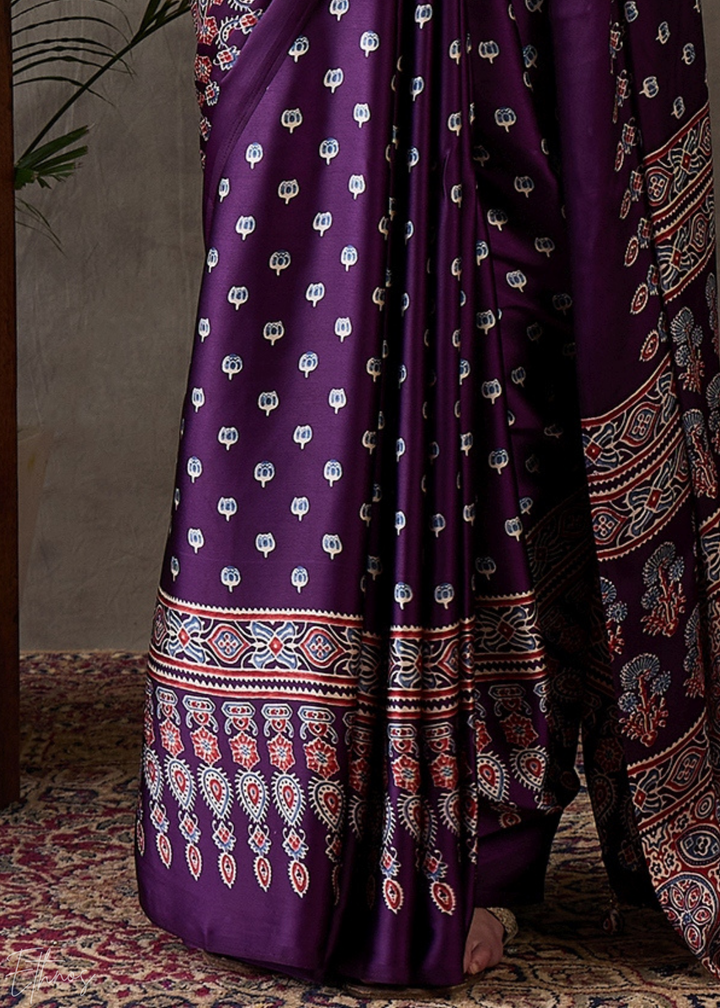 Imperial Plum Ornate Tessellation Semi-Modal Silk Saree
