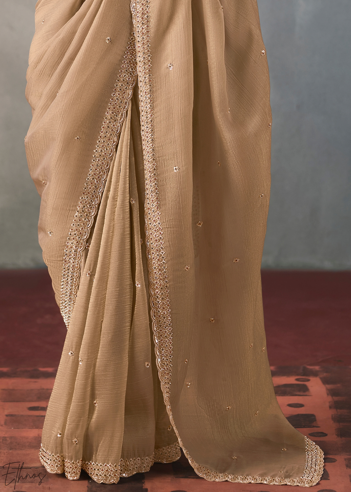 Taupe Floral Scallop Beaded Border Silk Saree