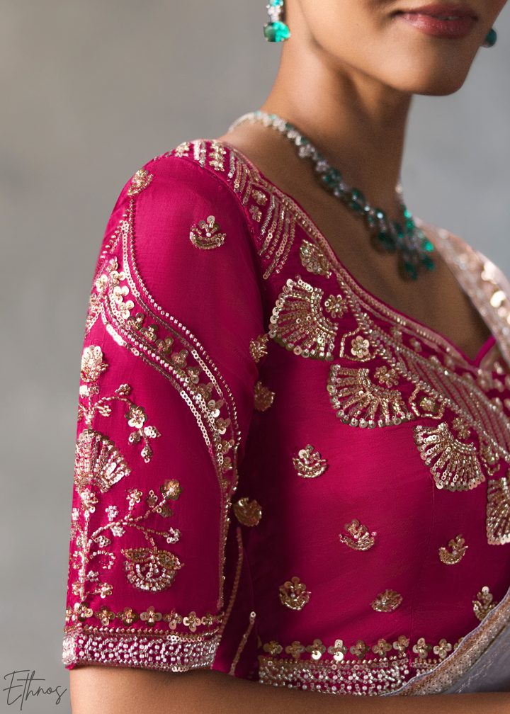 Lavender Floral Scallop Beaded Border Silk Saree