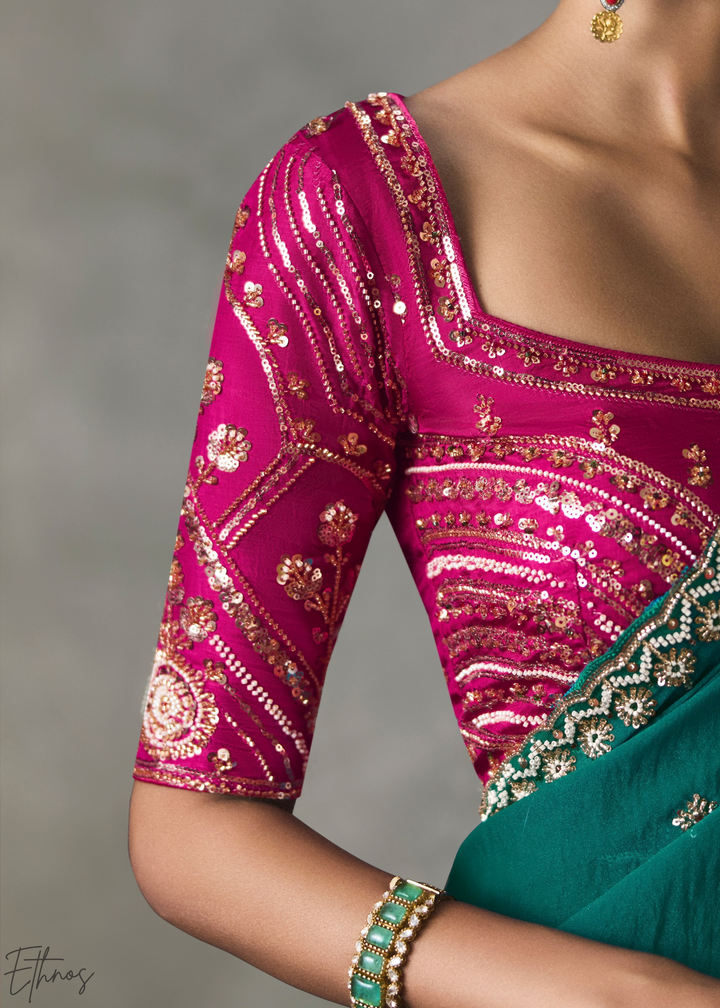 Emerald Floral Scallop Beaded Border Silk Saree