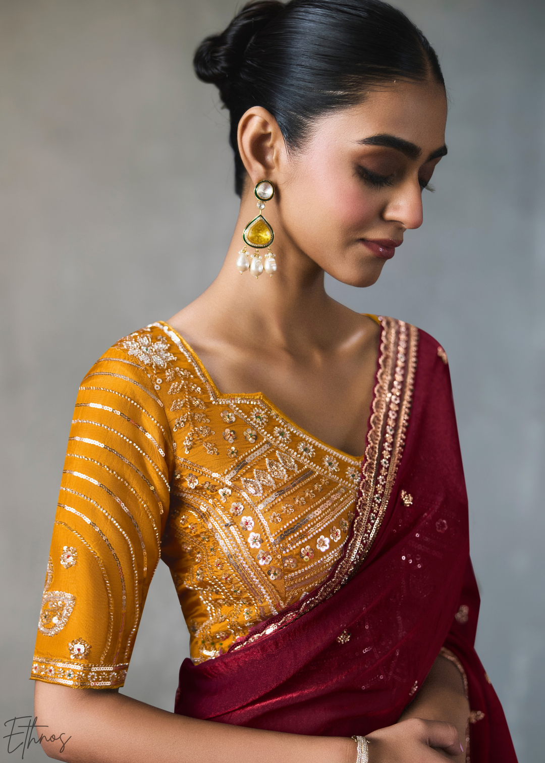 Maroon Floral Scallop Beaded Border Silk Saree