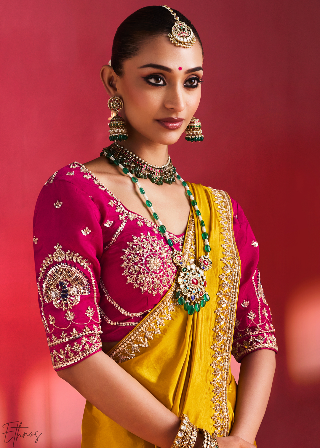 Mustard Amber Paisley Trim Border Soft Silk Saree