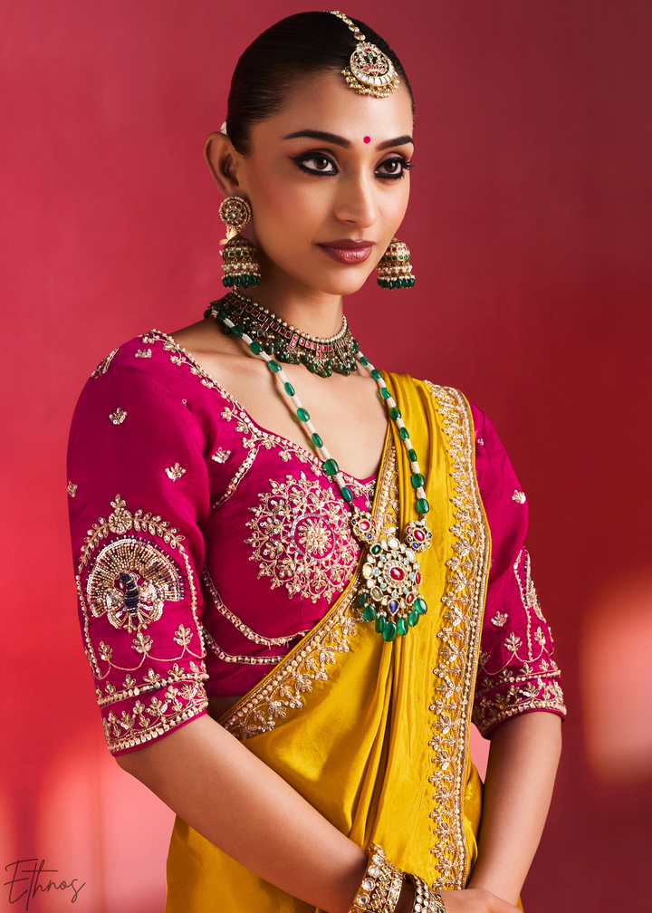 Mustard Amber Paisley Trim Border Soft Silk Saree