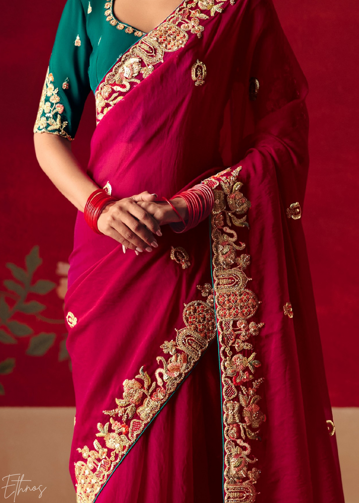 Hot Pink Floral Sequin Embroidered Organza Tissue Saree